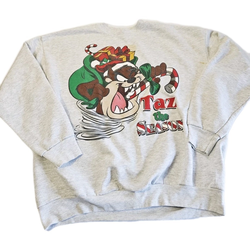 Rare VTG Looney Tunes Taz The Season Santa 1996 Merry Christmas Sweatshirt 90s L